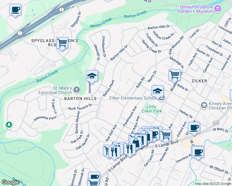 map of restaurants, bars, coffee shops, grocery stores, and more near Wilke Drive & Westridge Drive in Austin