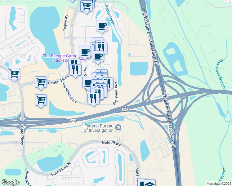 map of restaurants, bars, coffee shops, grocery stores, and more near 5290 Big Island Drive in Jacksonville