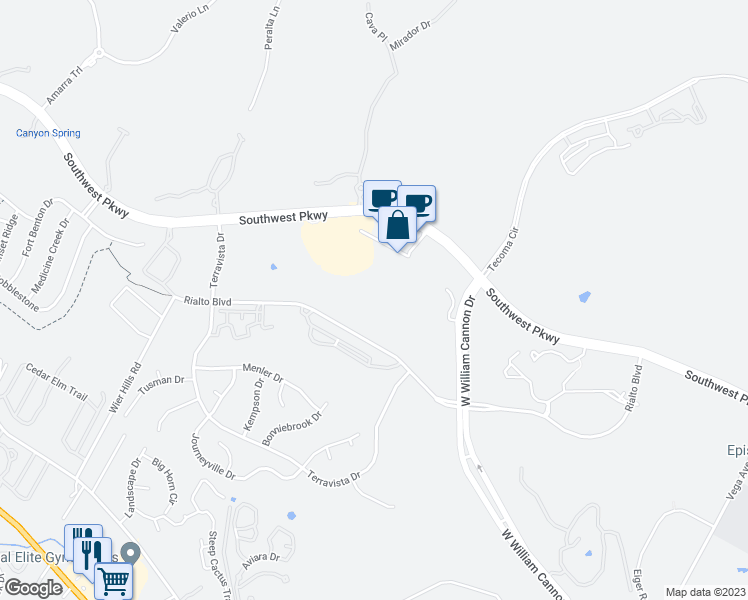 map of restaurants, bars, coffee shops, grocery stores, and more near 7600 Rialto Boulevard in Austin