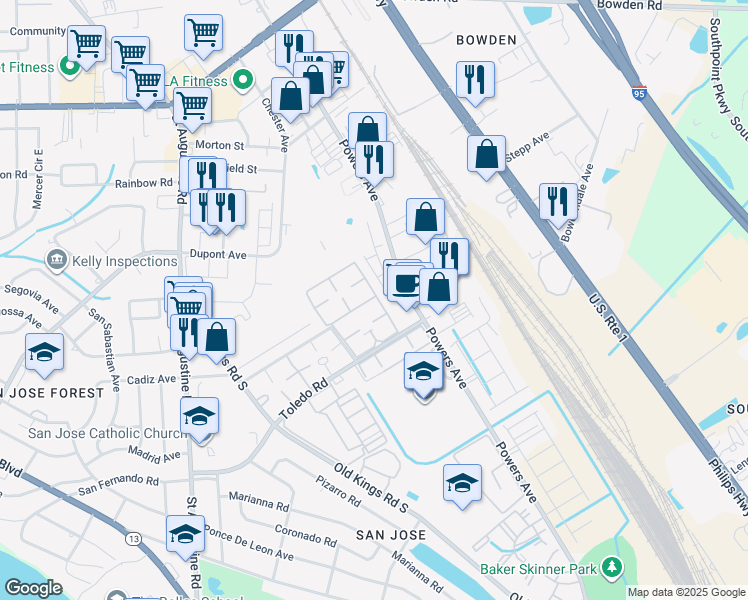 map of restaurants, bars, coffee shops, grocery stores, and more near 6616 La Mirada Drive East in Jacksonville