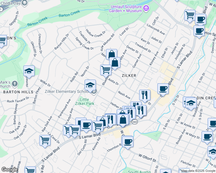map of restaurants, bars, coffee shops, grocery stores, and more near 1810 Ford Street in Austin