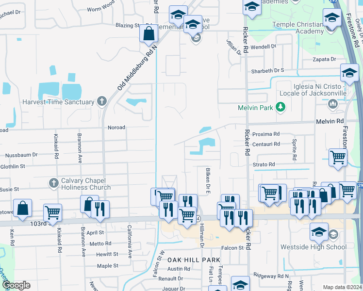 map of restaurants, bars, coffee shops, grocery stores, and more near 4710 Playpen Drive in Jacksonville