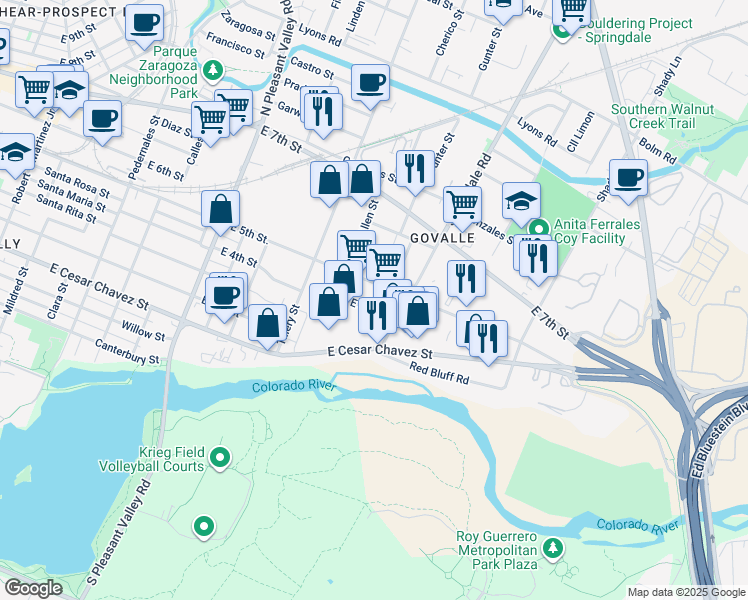 map of restaurants, bars, coffee shops, grocery stores, and more near 3506 East 4th Street in Austin