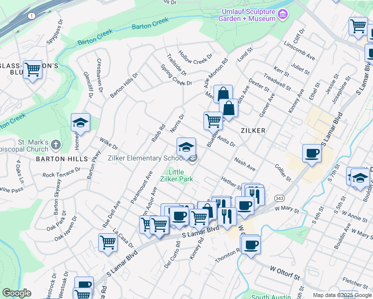 map of restaurants, bars, coffee shops, grocery stores, and more near 2016 Rundell Place in Austin