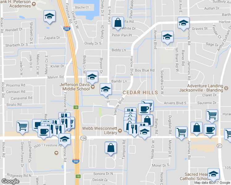 map of restaurants, bars, coffee shops, grocery stores, and more near 6840 Londonbridge Lane in Jacksonville
