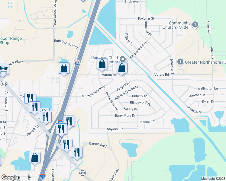 map of restaurants, bars, coffee shops, grocery stores, and more near 1403 Kings Row in Slidell