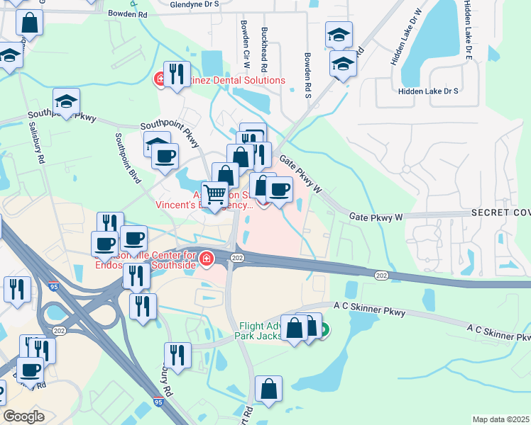 map of restaurants, bars, coffee shops, grocery stores, and more near 4201 Belfort Road in Jacksonville