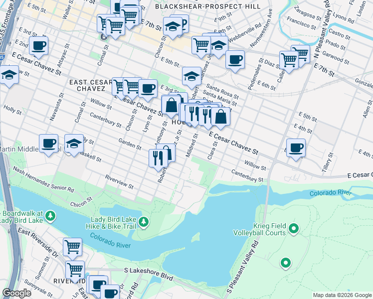 map of restaurants, bars, coffee shops, grocery stores, and more near 2212 Canterbury Street in Austin