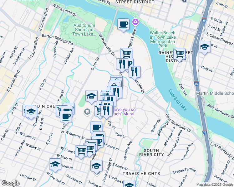 map of restaurants, bars, coffee shops, grocery stores, and more near 1009 South Congress Avenue in Austin
