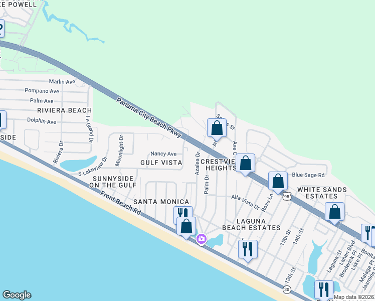 map of restaurants, bars, coffee shops, grocery stores, and more near 359 Azalea Drive in Panama City Beach