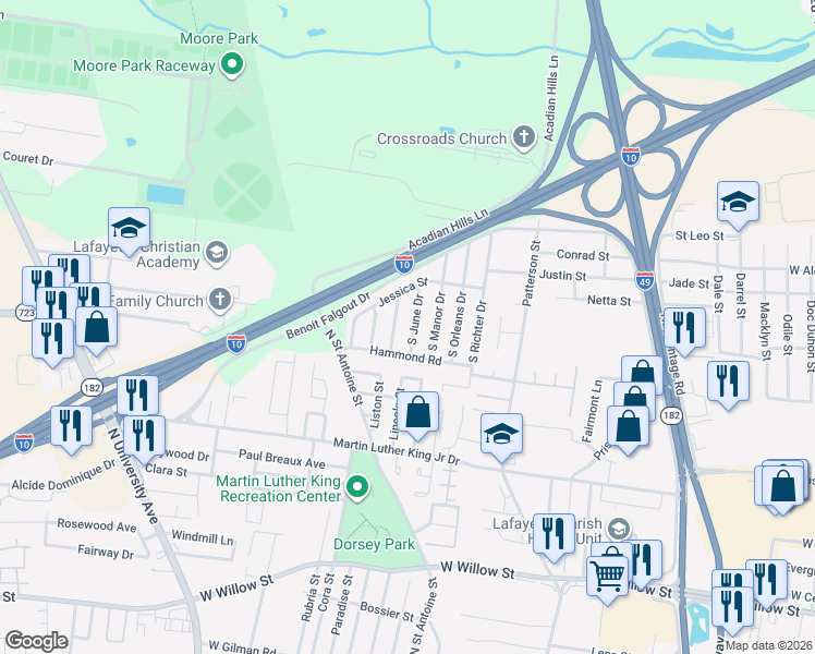 map of restaurants, bars, coffee shops, grocery stores, and more near 140 S Manor Dr in Lafayette