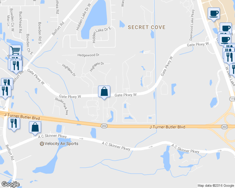 map of restaurants, bars, coffee shops, grocery stores, and more near Gate Parkway West in Jacksonville