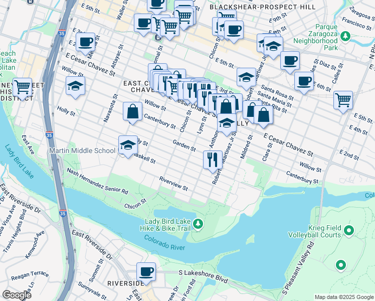 map of restaurants, bars, coffee shops, grocery stores, and more near 64 Lynn Street in Austin