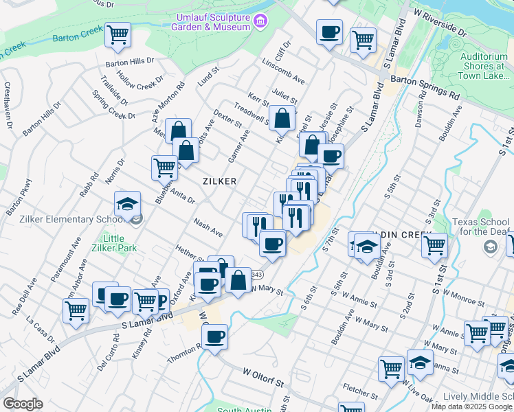 map of restaurants, bars, coffee shops, grocery stores, and more near Kinney Avenue in Austin