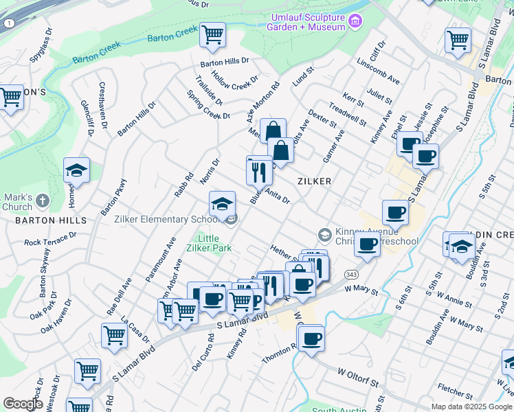 map of restaurants, bars, coffee shops, grocery stores, and more near 2001 Ford Street in Austin