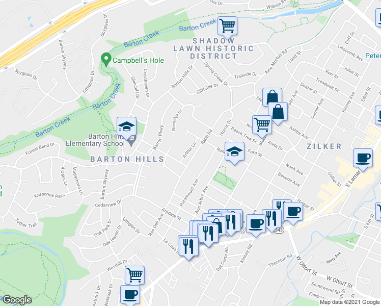 map of restaurants, bars, coffee shops, grocery stores, and more near 1913 Rabb Road in Austin
