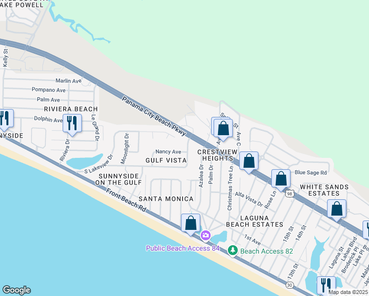map of restaurants, bars, coffee shops, grocery stores, and more near 200 Nancy Avenue in Panama City Beach