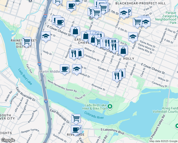 map of restaurants, bars, coffee shops, grocery stores, and more near 1704 Haskell Street in Austin