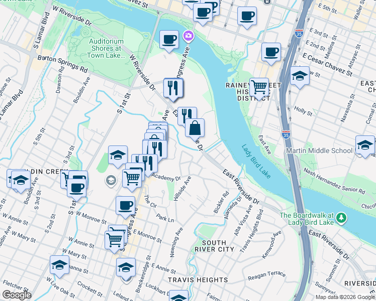 map of restaurants, bars, coffee shops, grocery stores, and more near 212 Bonniview Street in Austin
