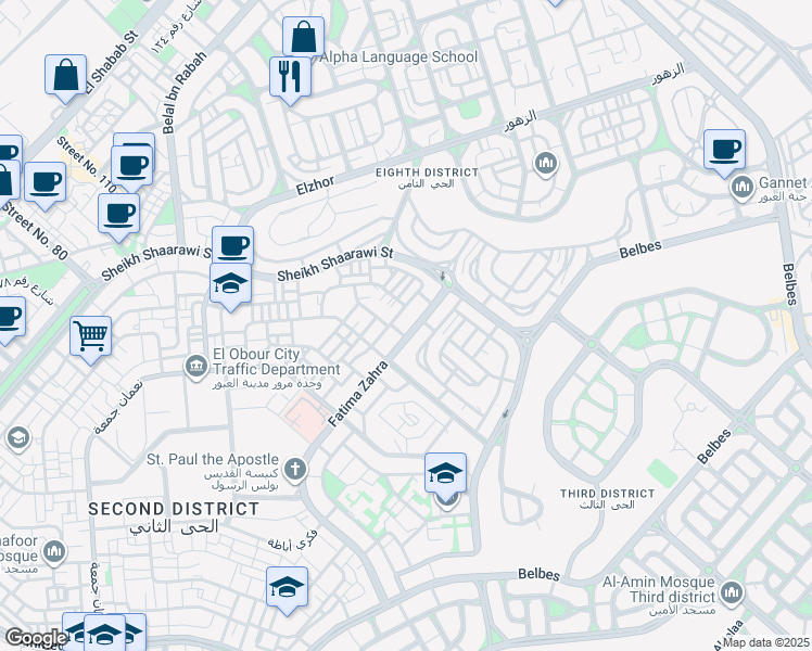 map of restaurants, bars, coffee shops, grocery stores, and more near in Obour