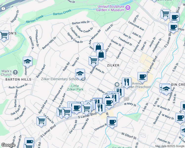 map of restaurants, bars, coffee shops, grocery stores, and more near 2001 Ford Street in Austin