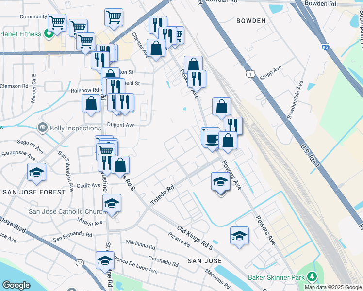 map of restaurants, bars, coffee shops, grocery stores, and more near 6550 Mission Court in Jacksonville