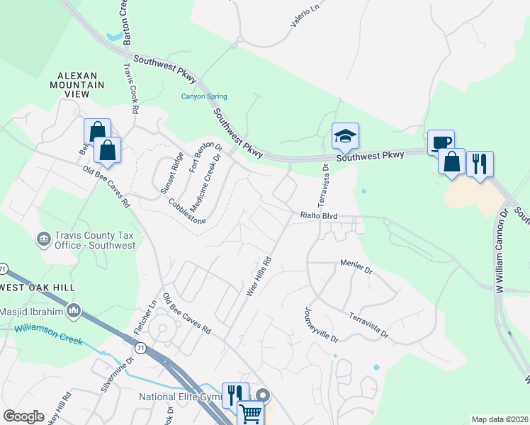 map of restaurants, bars, coffee shops, grocery stores, and more near 7917 Floracita Lane in Austin