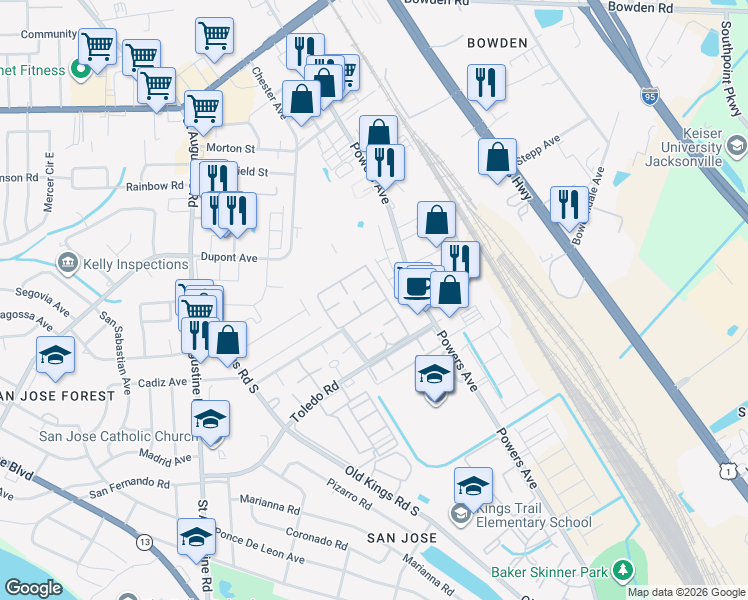 map of restaurants, bars, coffee shops, grocery stores, and more near 3929 Mission Drive in Jacksonville