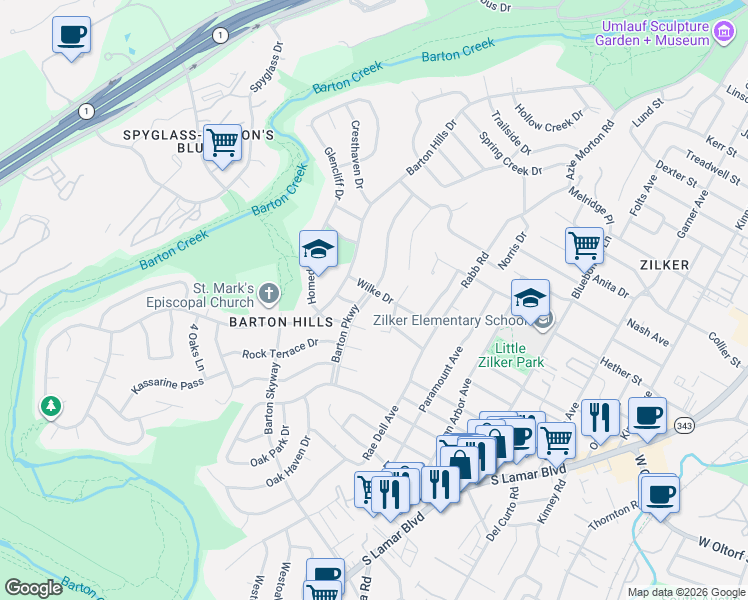 map of restaurants, bars, coffee shops, grocery stores, and more near 2411 Wilke Drive in Austin