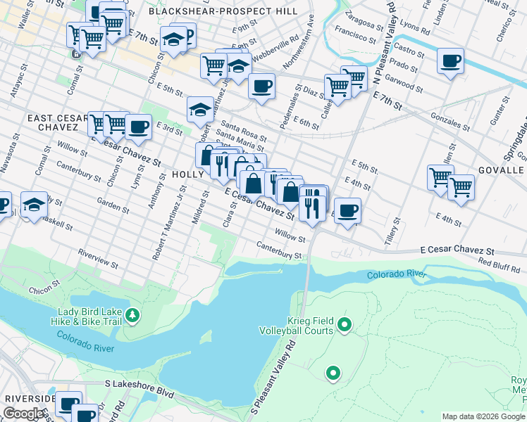 map of restaurants, bars, coffee shops, grocery stores, and more near 2512 Willow Street in Austin