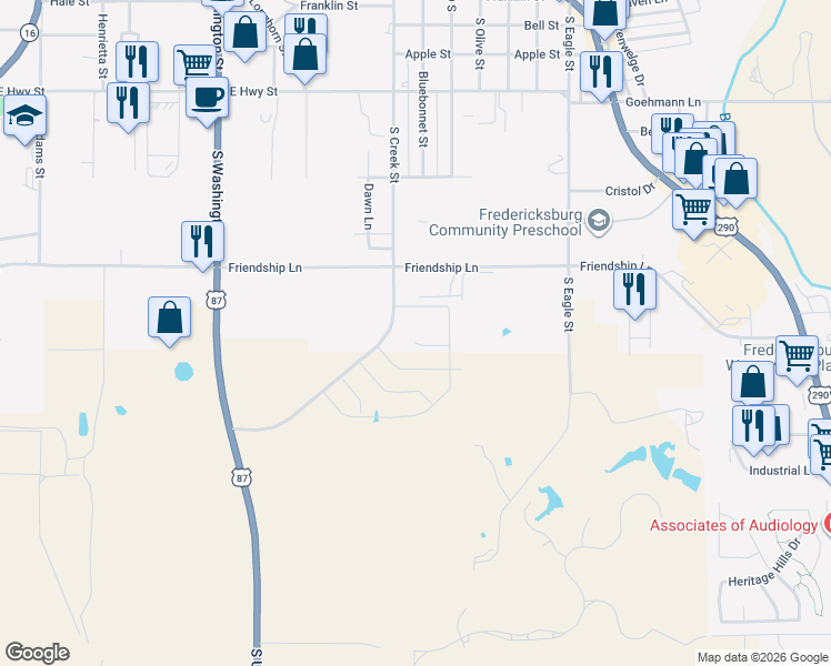 map of restaurants, bars, coffee shops, grocery stores, and more near 591 Friendship Lane in Fredericksburg