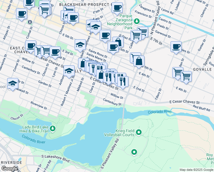 map of restaurants, bars, coffee shops, grocery stores, and more near 2512 Willow Street in Austin