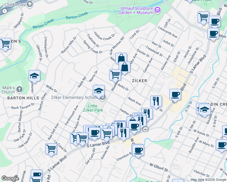map of restaurants, bars, coffee shops, grocery stores, and more near 1719 Bluebonnet Lane in Austin