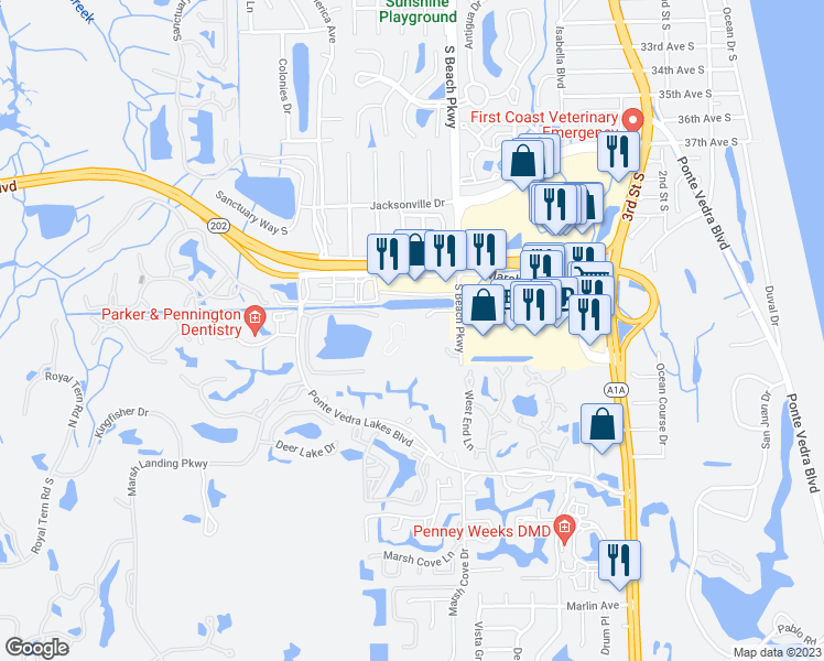 map of restaurants, bars, coffee shops, grocery stores, and more near 4300 South Beach Parkway in Jacksonville Beach
