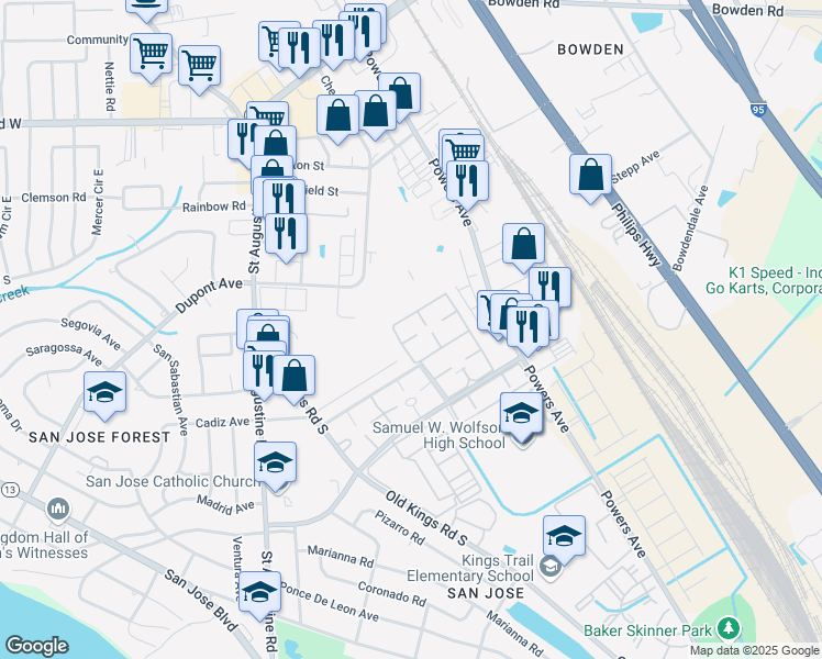 map of restaurants, bars, coffee shops, grocery stores, and more near 6550 Mission Court in Jacksonville