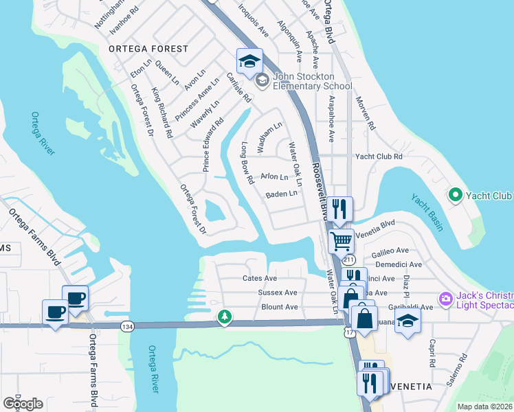 map of restaurants, bars, coffee shops, grocery stores, and more near 4965 Long Bow Road in Jacksonville