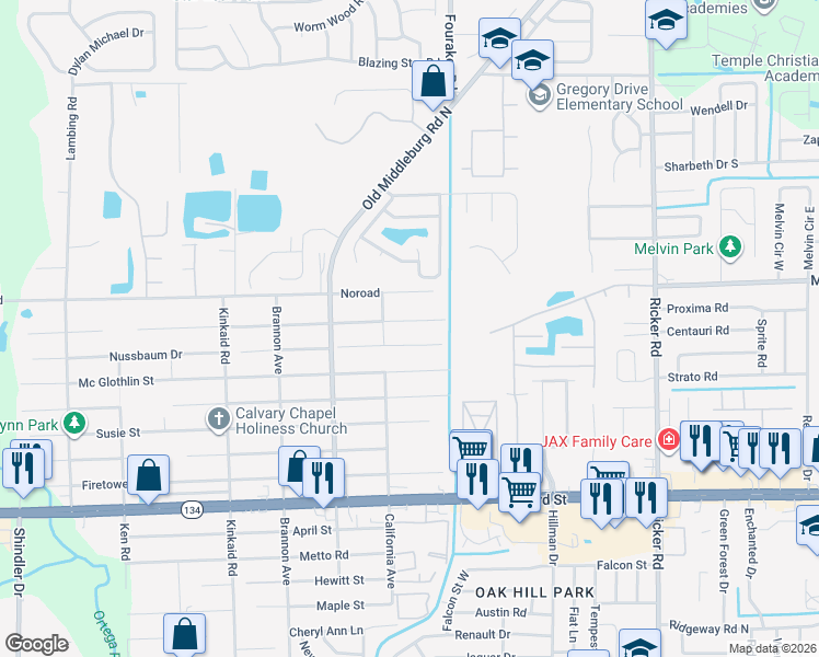 map of restaurants, bars, coffee shops, grocery stores, and more near 8063 Nussbaum Drive in Jacksonville