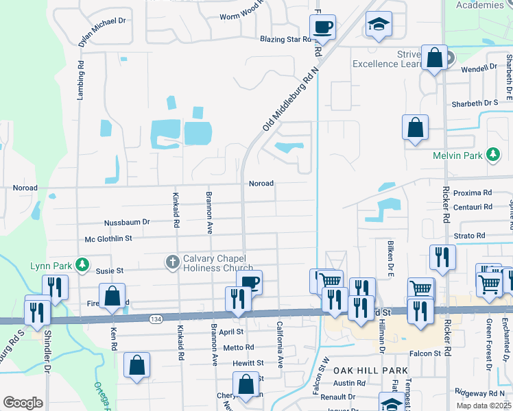 map of restaurants, bars, coffee shops, grocery stores, and more near 8135 Nussbaum Drive in Jacksonville