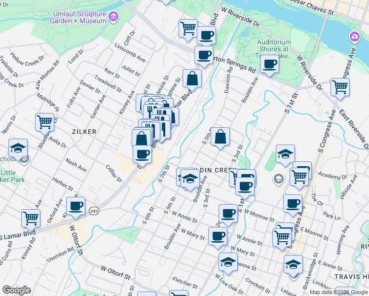 map of restaurants, bars, coffee shops, grocery stores, and more near 1305 South 6th Street in Austin