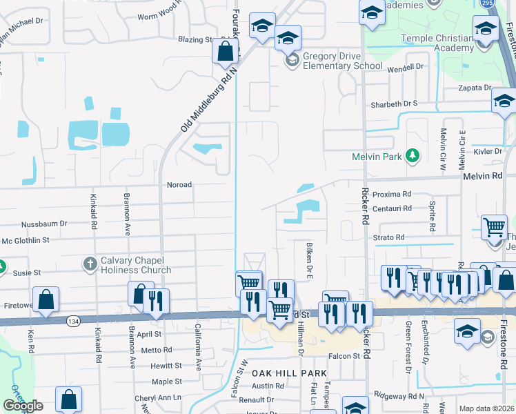 map of restaurants, bars, coffee shops, grocery stores, and more near 7950 Melvin Road in Jacksonville