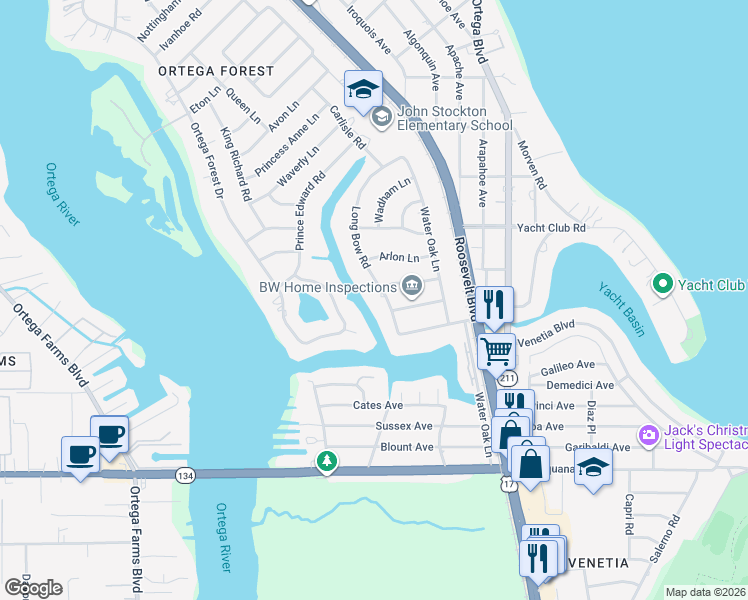 map of restaurants, bars, coffee shops, grocery stores, and more near 4965 Long Bow Road in Jacksonville