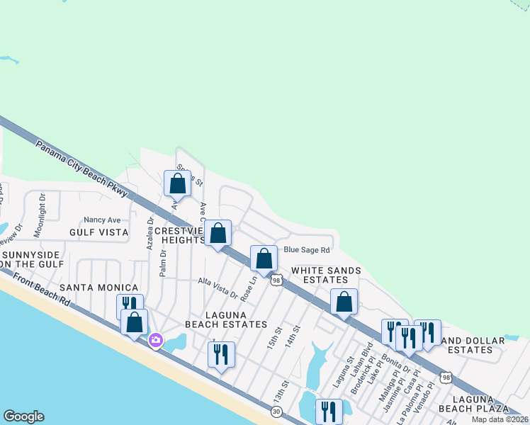 map of restaurants, bars, coffee shops, grocery stores, and more near 315 Blue Sage Road in Panama City Beach