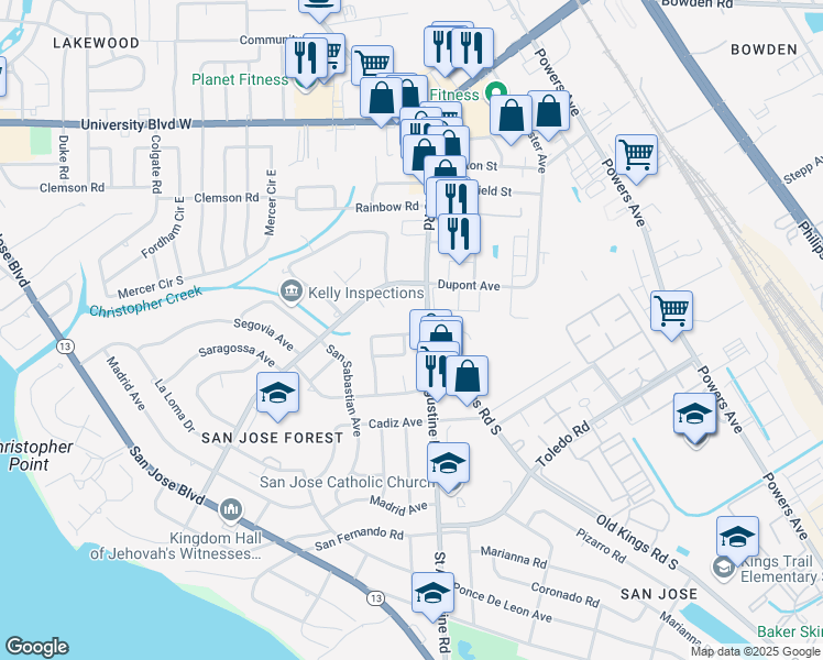 map of restaurants, bars, coffee shops, grocery stores, and more near 2953 Caballero Drive North in Jacksonville