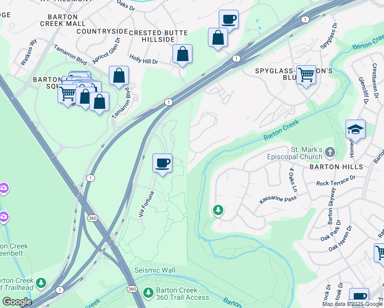 map of restaurants, bars, coffee shops, grocery stores, and more near 2500 Bartons Bluff Court in Austin
