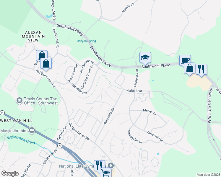 map of restaurants, bars, coffee shops, grocery stores, and more near 7921 Floracita Lane in Austin