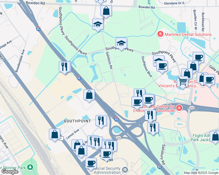 map of restaurants, bars, coffee shops, grocery stores, and more near 4025 Salisbury Road in Jacksonville