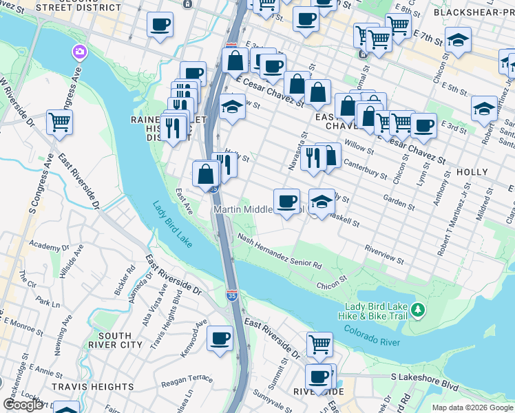map of restaurants, bars, coffee shops, grocery stores, and more near 1310 LBJ Way in Austin
