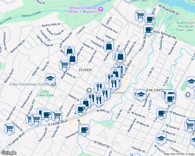 map of restaurants, bars, coffee shops, grocery stores, and more near Kinney Avenue in Austin