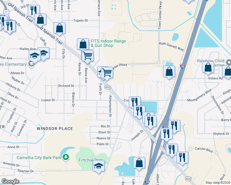map of restaurants, bars, coffee shops, grocery stores, and more near 1698 Old Spanish Trail in Slidell