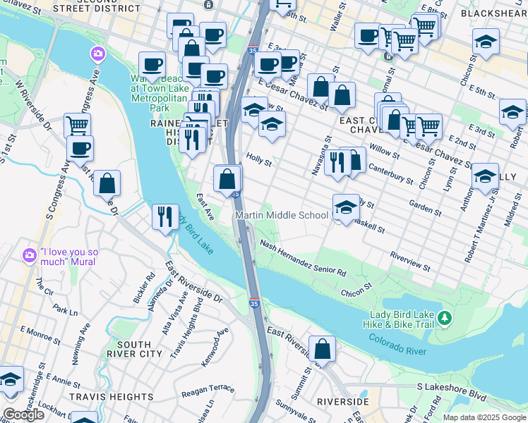 map of restaurants, bars, coffee shops, grocery stores, and more near 1310 LBJ Way in Austin
